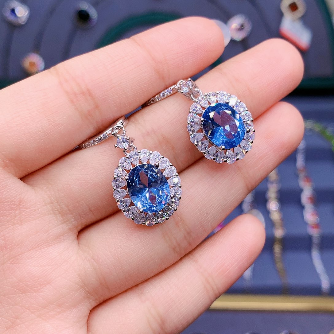 海蓝宝石耳饰银S925镶嵌