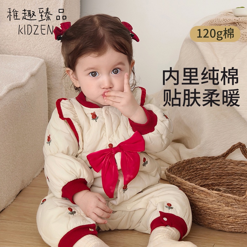 婴儿连体衣秋冬装女宝宝拜年衣服夹棉新生儿百天周岁纯棉哈衣爬服