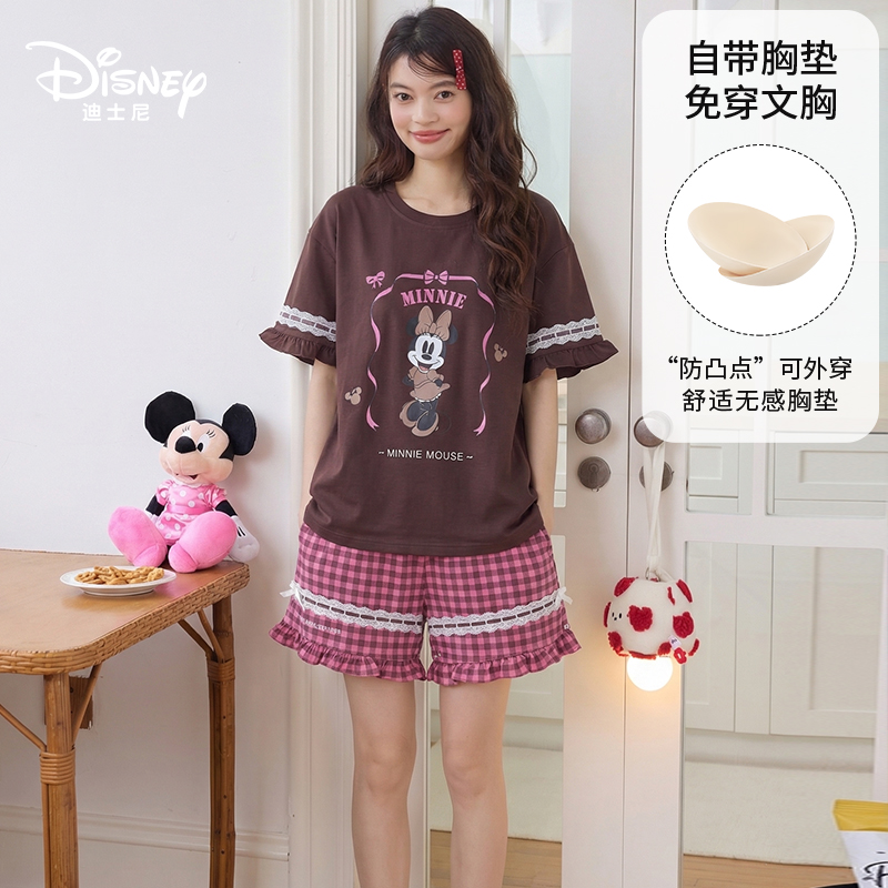 Disney迪士尼夏季新款纯棉短袖短裤带胸垫卡通动漫大码家居服0322