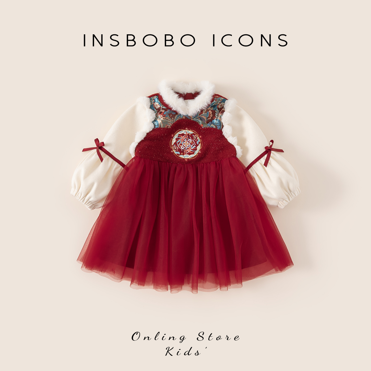 INSbobo女童新中式裙子冬季加绒拜年服蝴蝶结国风连衣裙潮DQ25306