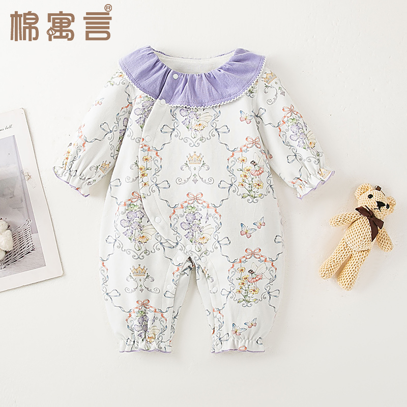 婴儿春秋连体衣韩系清新宝宝哈衣可爱娃娃领长袖空调服女童外出服