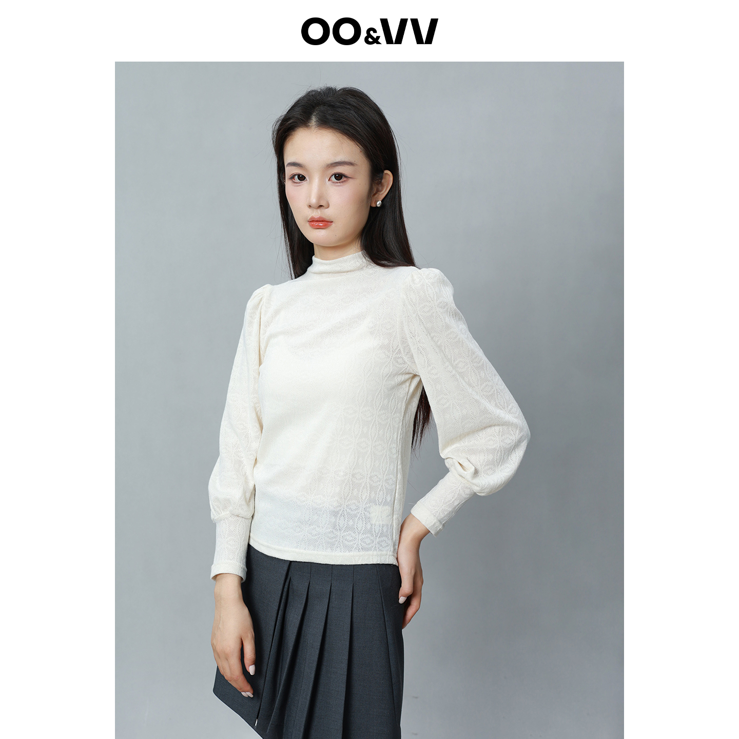 OO&VV白色半高领衬衫女2025秋新性感蕾丝钩花微透长袖T恤上衣小衫