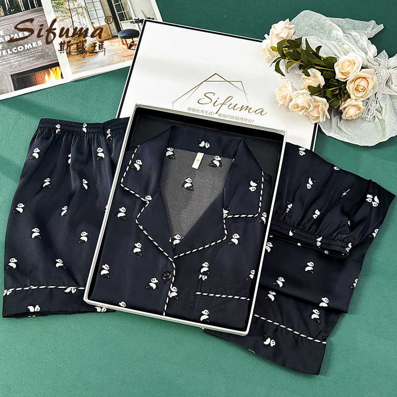 Sifuma/斯服玛《情侣熊猫》夏季丝质短袖三件套装睡衣家居服女