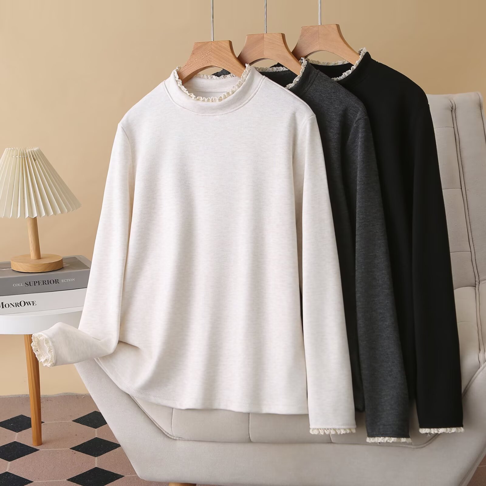 DYZ胖MM冬季双面绒新款蕾丝小花边立领加厚打底衫显瘦T恤上衣简约