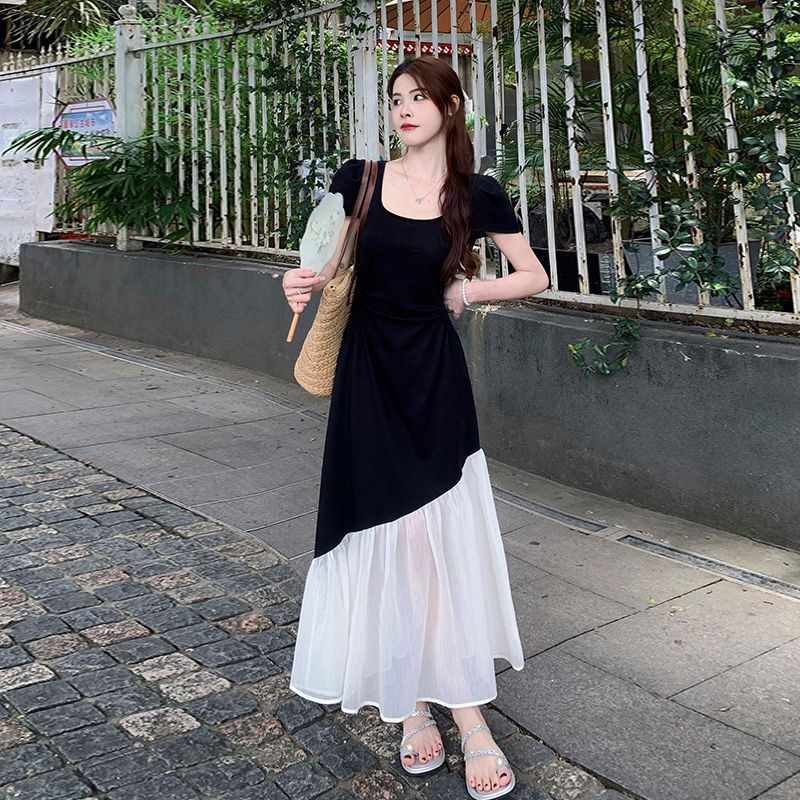 大码法式短袖连衣裙女夏季收腰显瘦拼接长裙微胖MM赫本风撞色裙子