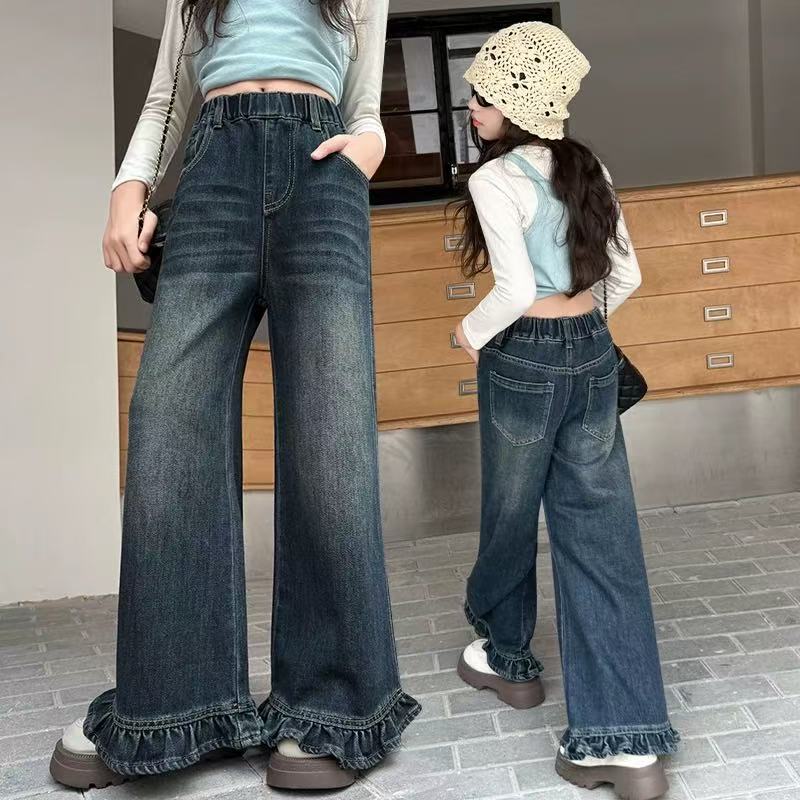 女童阔腿牛仔裤初中生春秋2025新款儿童直筒裤洋气女孩秋装阔腿裤