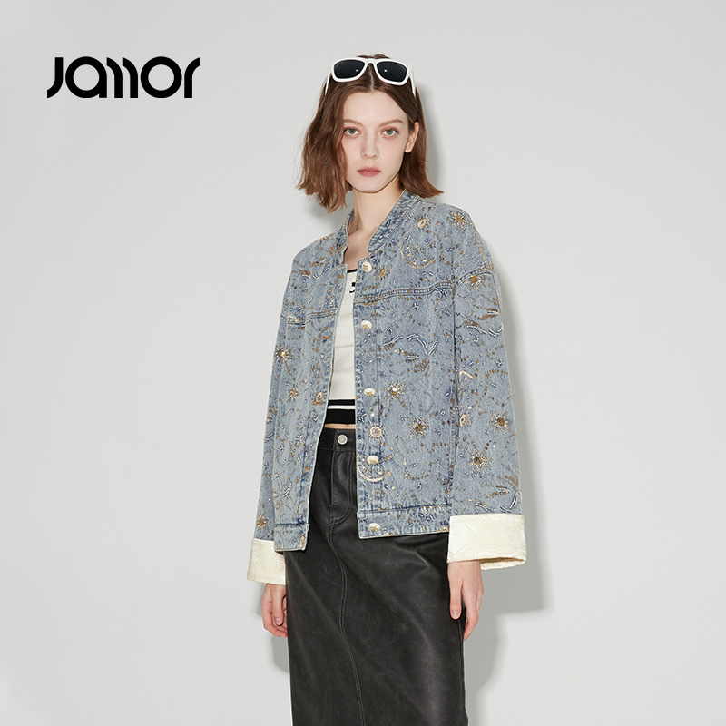 Jamor加墨质感外套重工牛仔上衣新中式牛仔外套2025春秋JAW474048