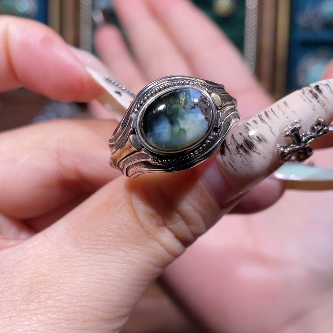 暴***花琥珀银S925镶嵌戒指