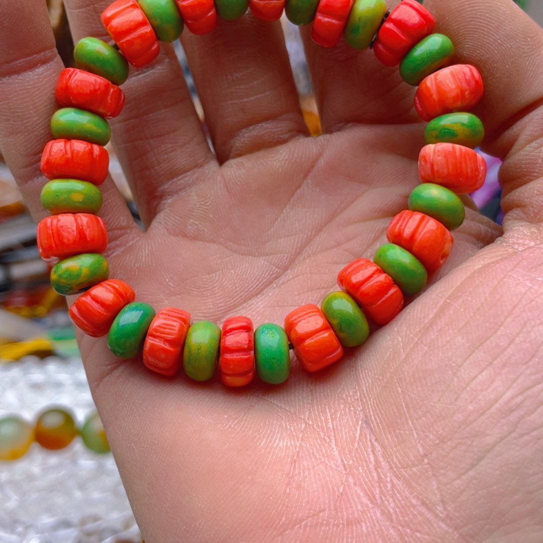 玛瑙/玉髓珠宝半成品未镶嵌三姑娘松石南瓜珠手链1条卡11