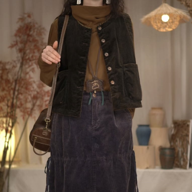 高定原创设计复古休闲百搭品质款条绒手工棉双层厚马甲秋冬新款