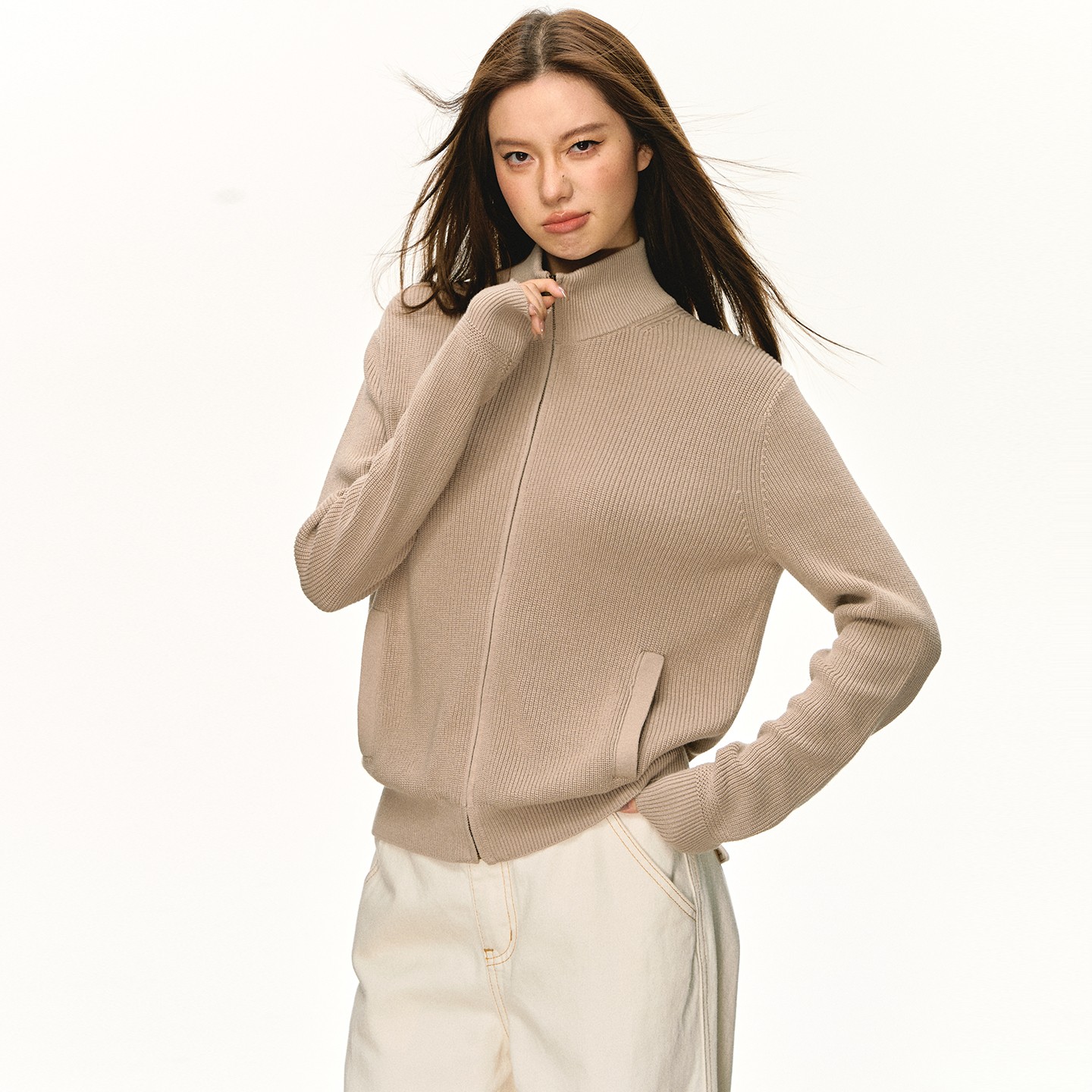 anna aneae立领拉链针织毛衣外套女秋冬纯色松弛休闲宽松拉链上衣