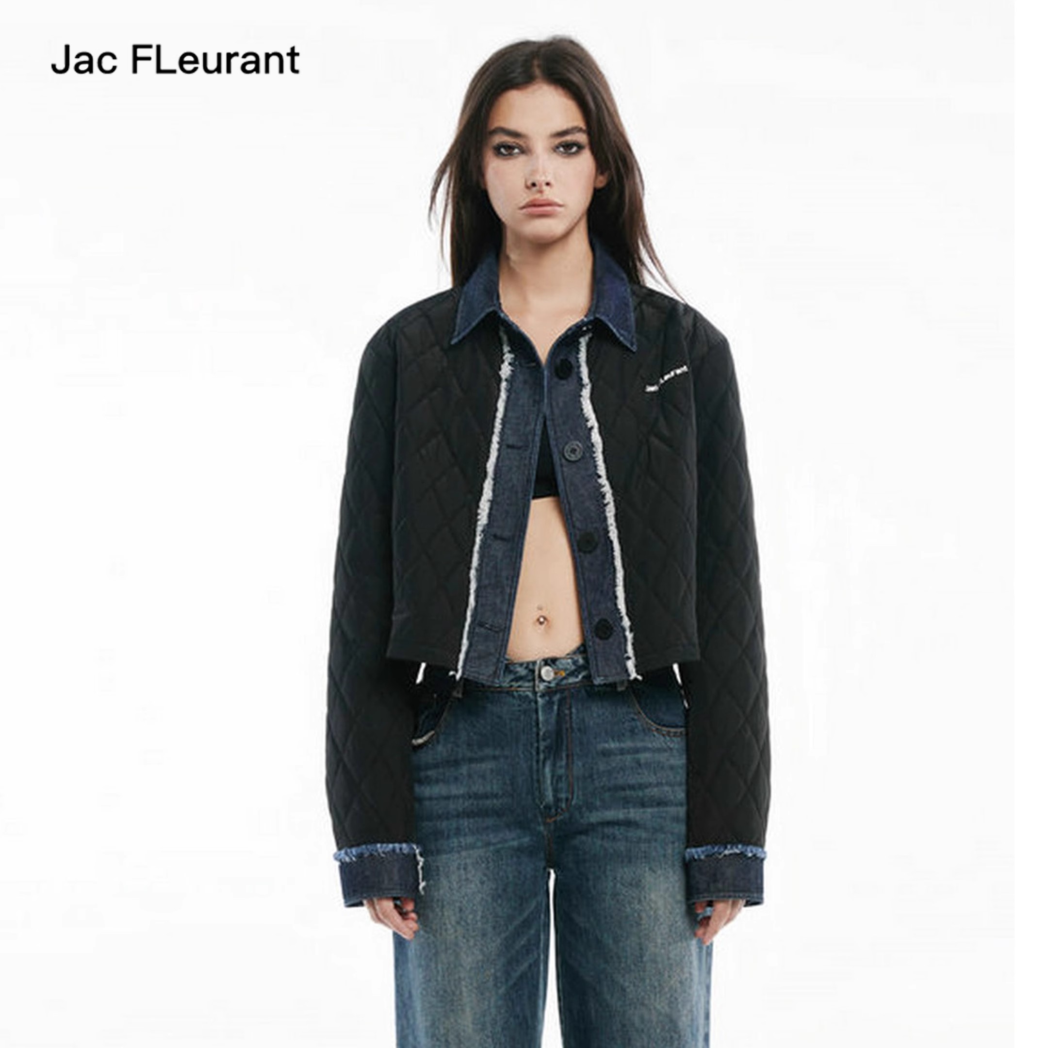 JAC FLEURANT牛仔拼接黑色菱格短款棉服复古秋冬