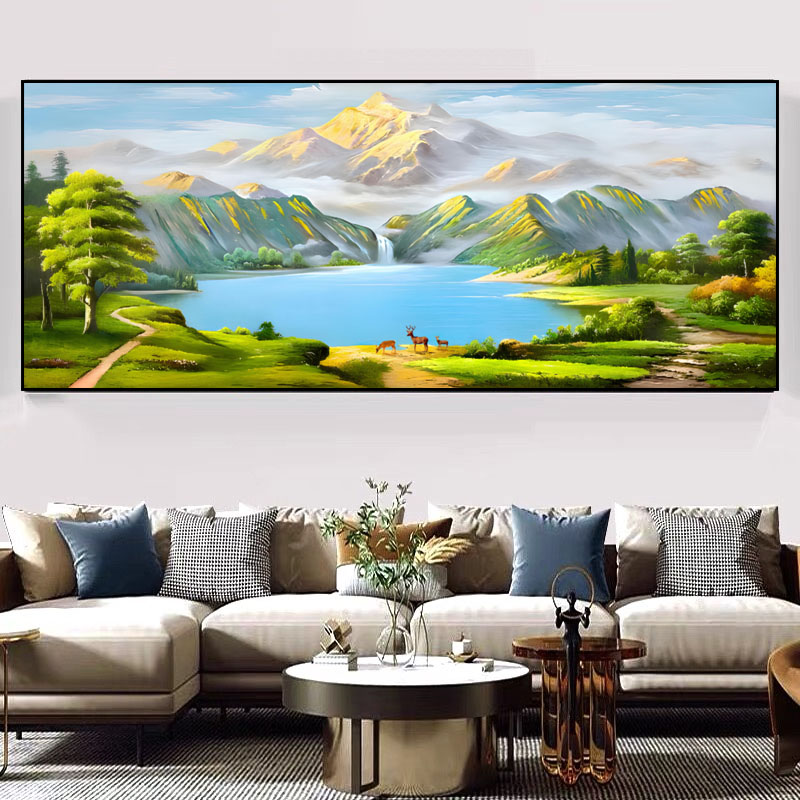 聚宝盆新中式山水横幅画客厅沙发背景办公房晶瓷立体镶钻装饰挂画