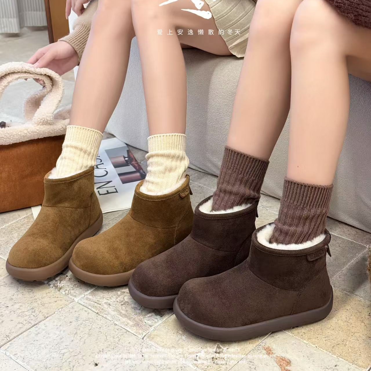 潮流风复古港风纯色一鞋两穿加绒厚底防滑保暖小土豆雪