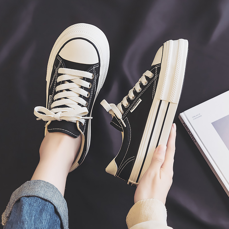 人本帆布鞋女2025春季新款厚底休闲鞋学生百搭ins低帮韩版板鞋