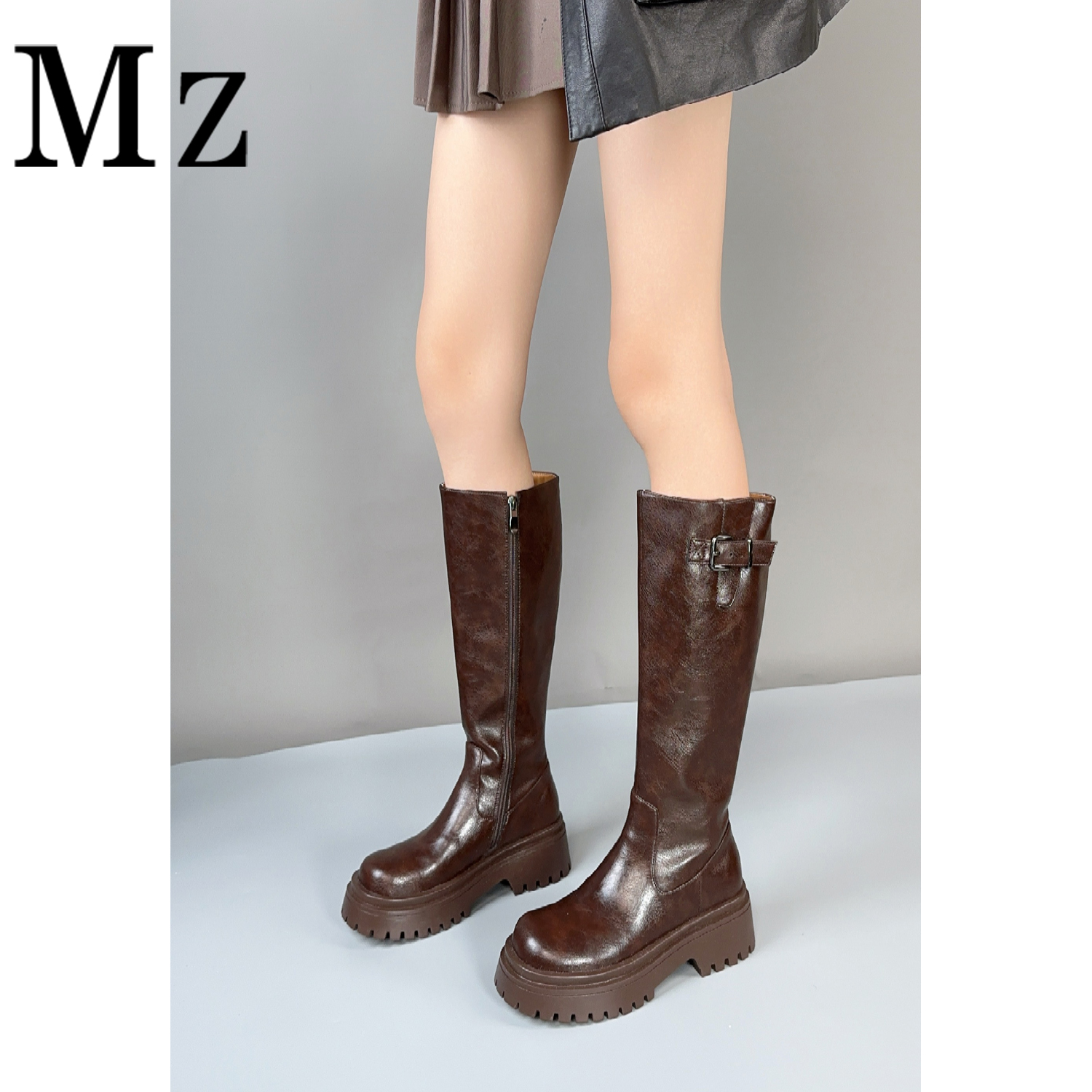  Mr.Zheng/4.5cm/真皮高筒靴不过膝长靴女厚底皮带扣骑士靴女靴