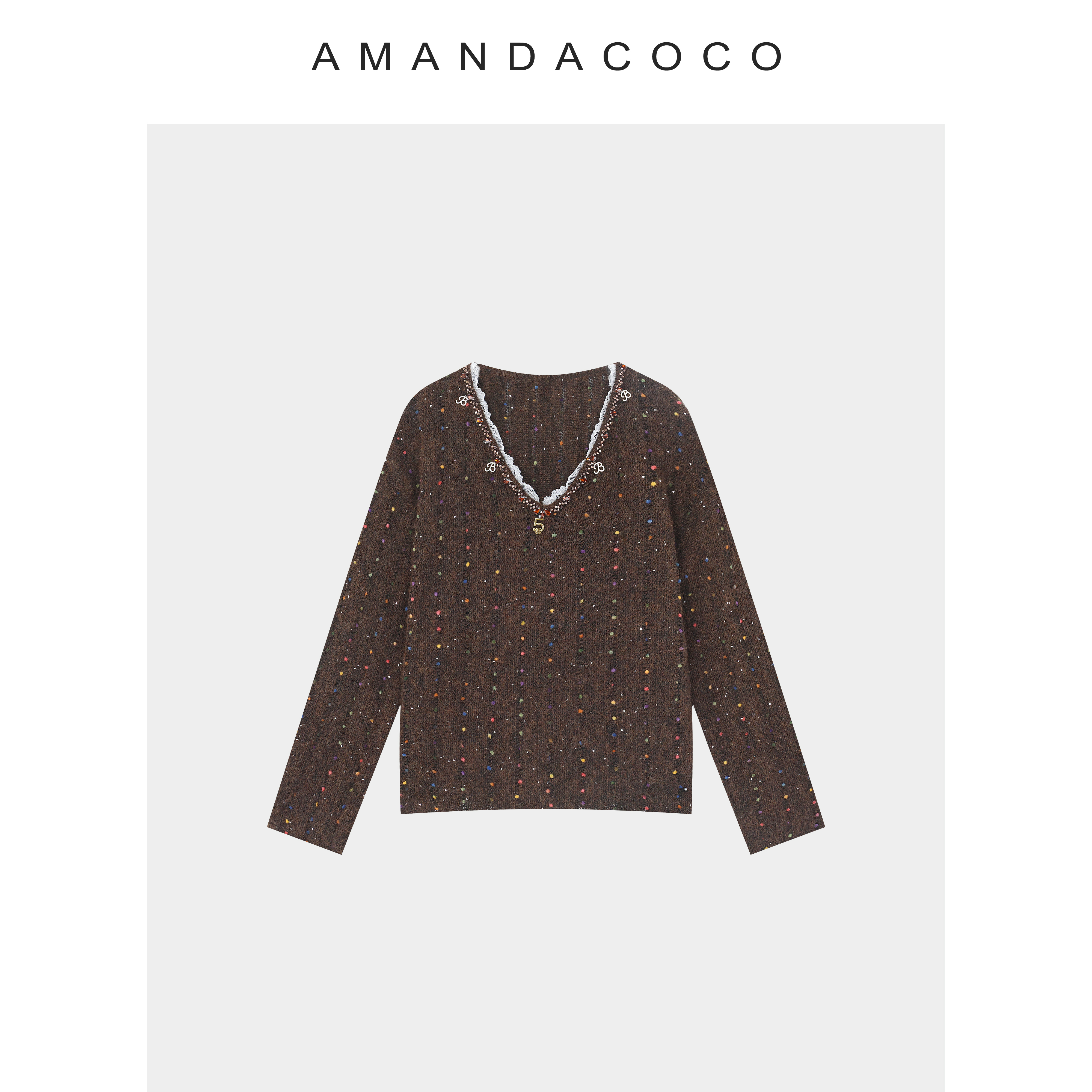 秋日画刊～25秋季串珠蕾丝v领减龄毛球慵懒风长袖毛衣