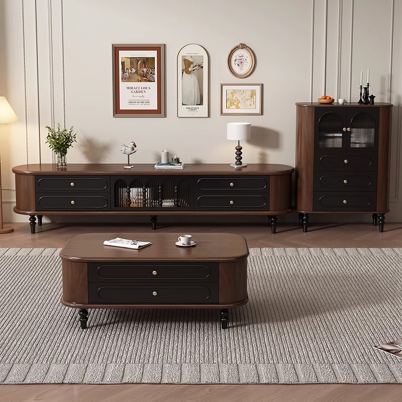 法式复古实木电视柜茶几组合小户型客厅家用胡桃色落地收纳储物柜
