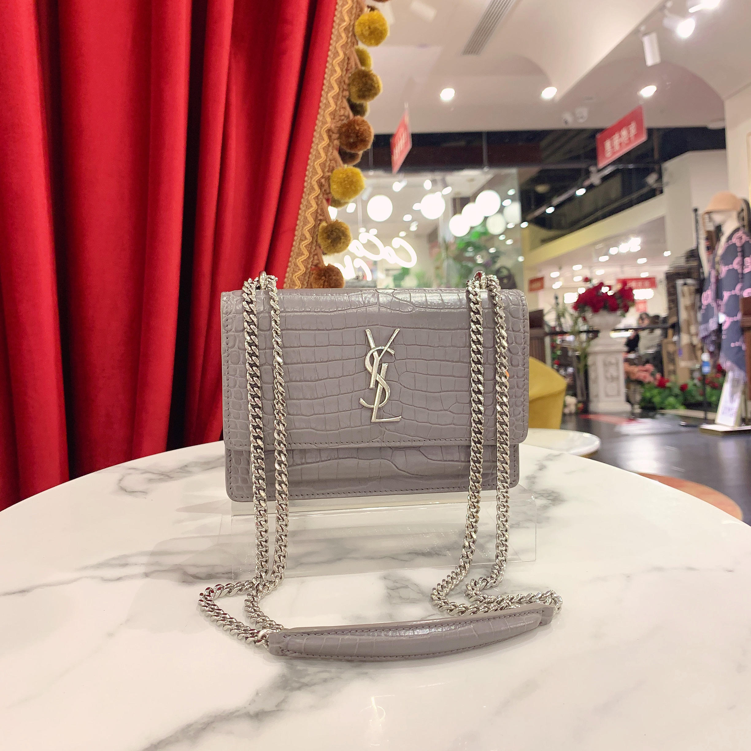 95新 YSL/圣罗兰 GGSsunset日落包小号灰色银扣鳄鱼纹99716382