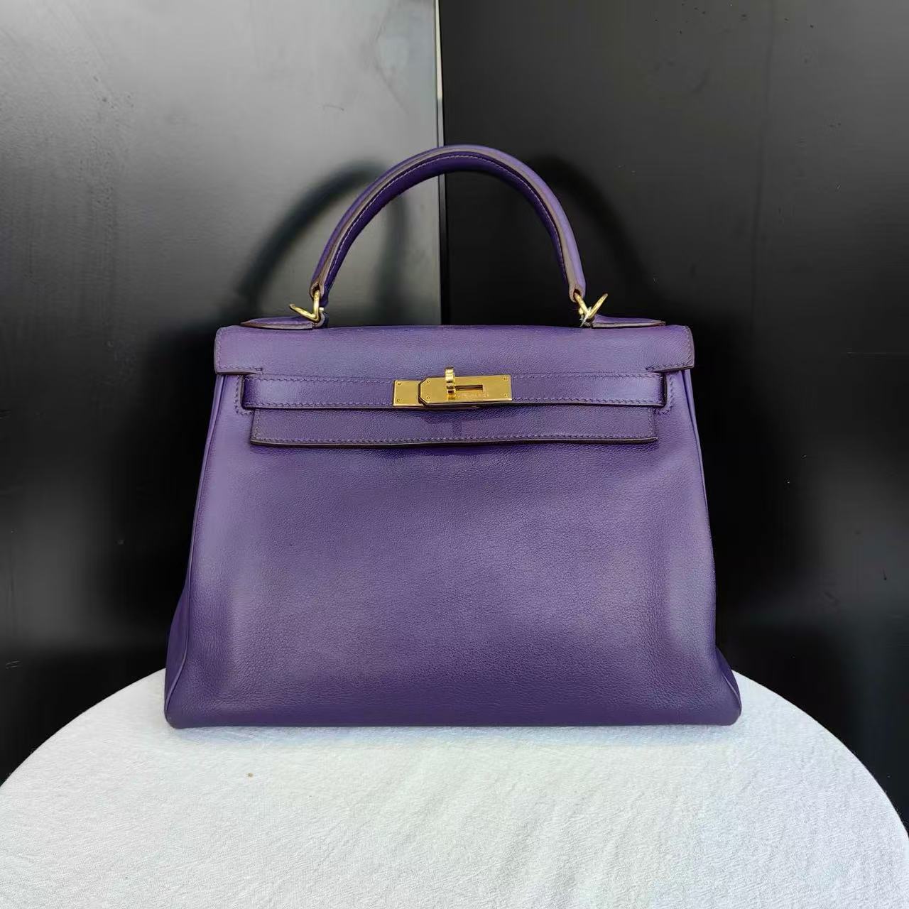 99新 Hermes/爱马仕 kelly28 鸢尾紫 金扣  框N刻  手提包