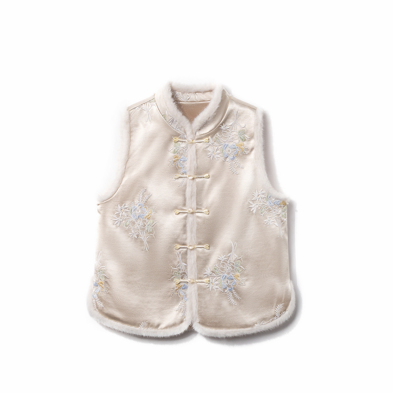 【雪枝】冬季2025新款马甲女式新中式立领毛毛加棉加厚显瘦上衣马夹