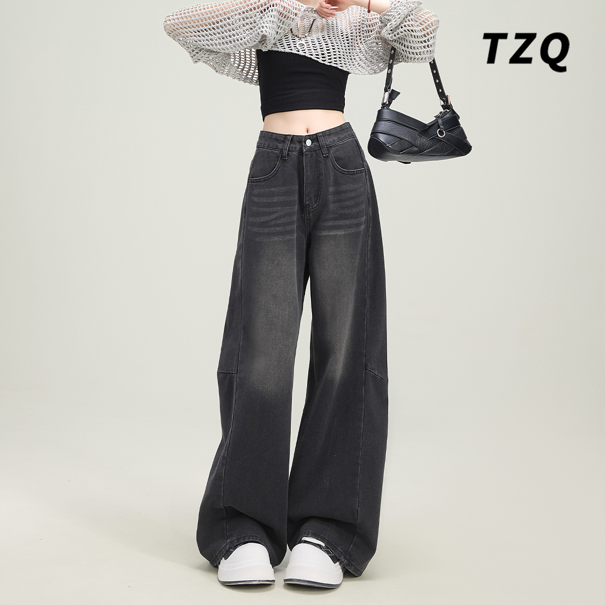 复古做旧牛仔裤女爆款2025新款秋季黑色高腰宽松显瘦百搭阔腿裤子