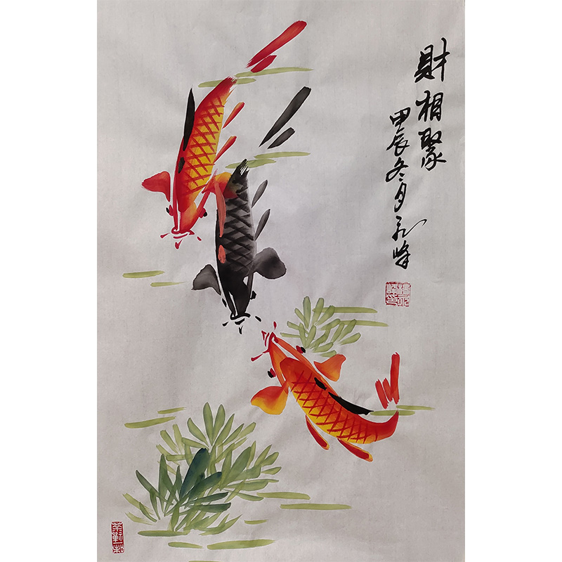 纯手绘国画鲤鱼四尺三开46*68厘米宣纸画芯未装裱玄关挂画
