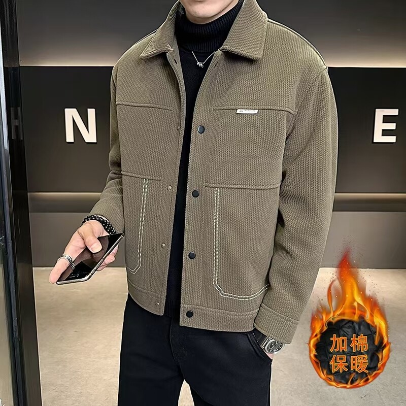 男士加棉加厚呢子外套青年时尚百搭休闲冬季保暖翻领毛呢夹克上衣