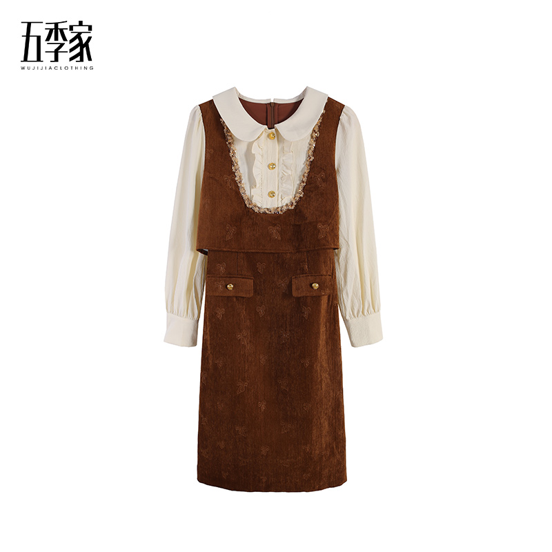 大码女装秋冬季气质时尚咖洋气拼杏连衣裙裙子长袖长裙ZL115370