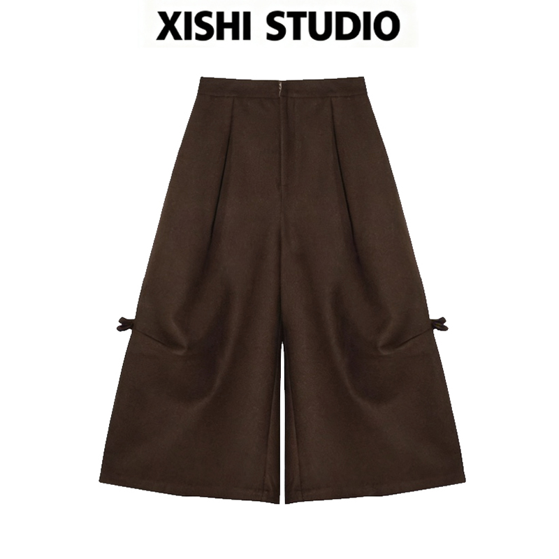 2025秋冬亚麻毛呢不规则捏褶蝴蝶结八分阔腿裤