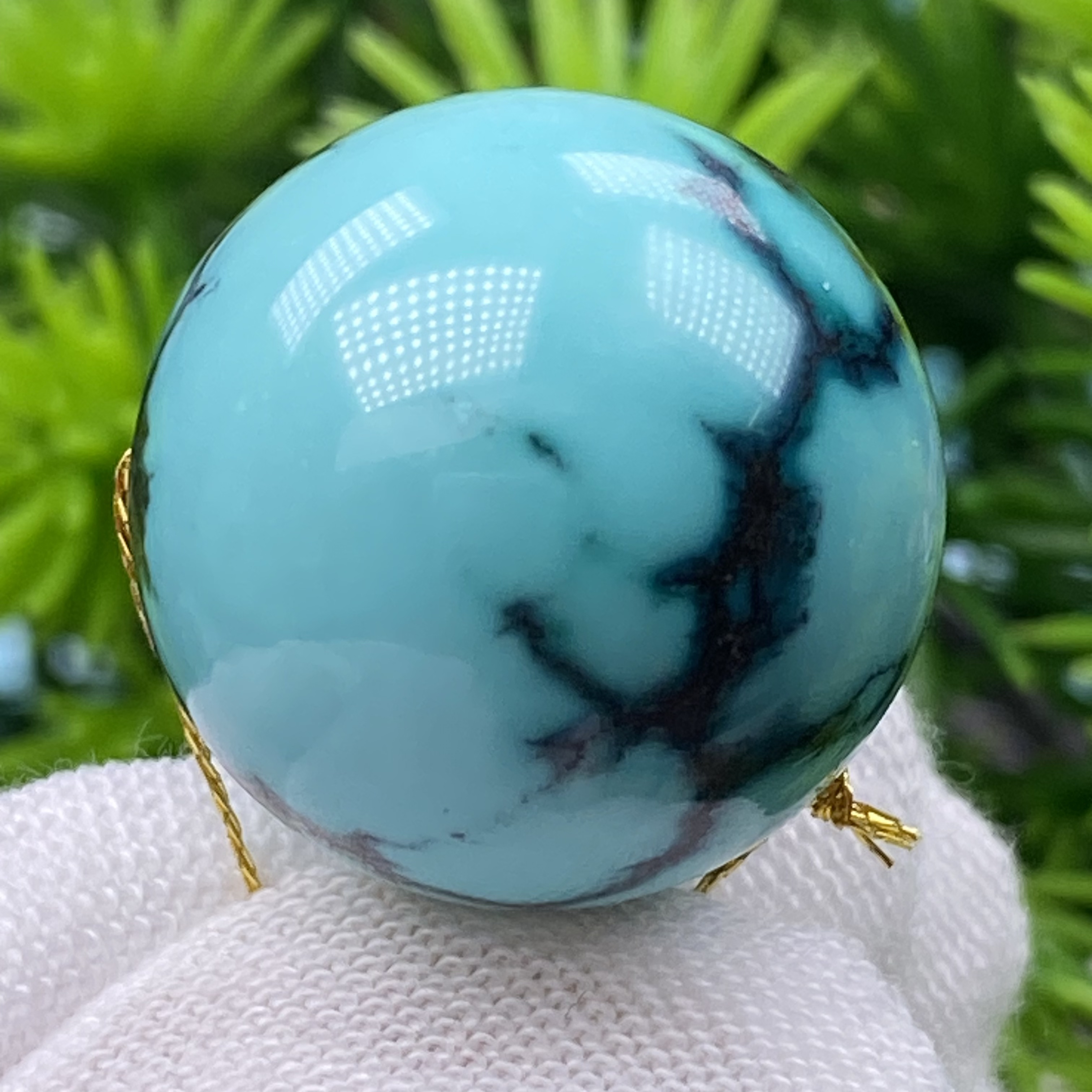 尺寸18.7mm高瓷玉化水草纹网花圆珠天然原矿绿松石