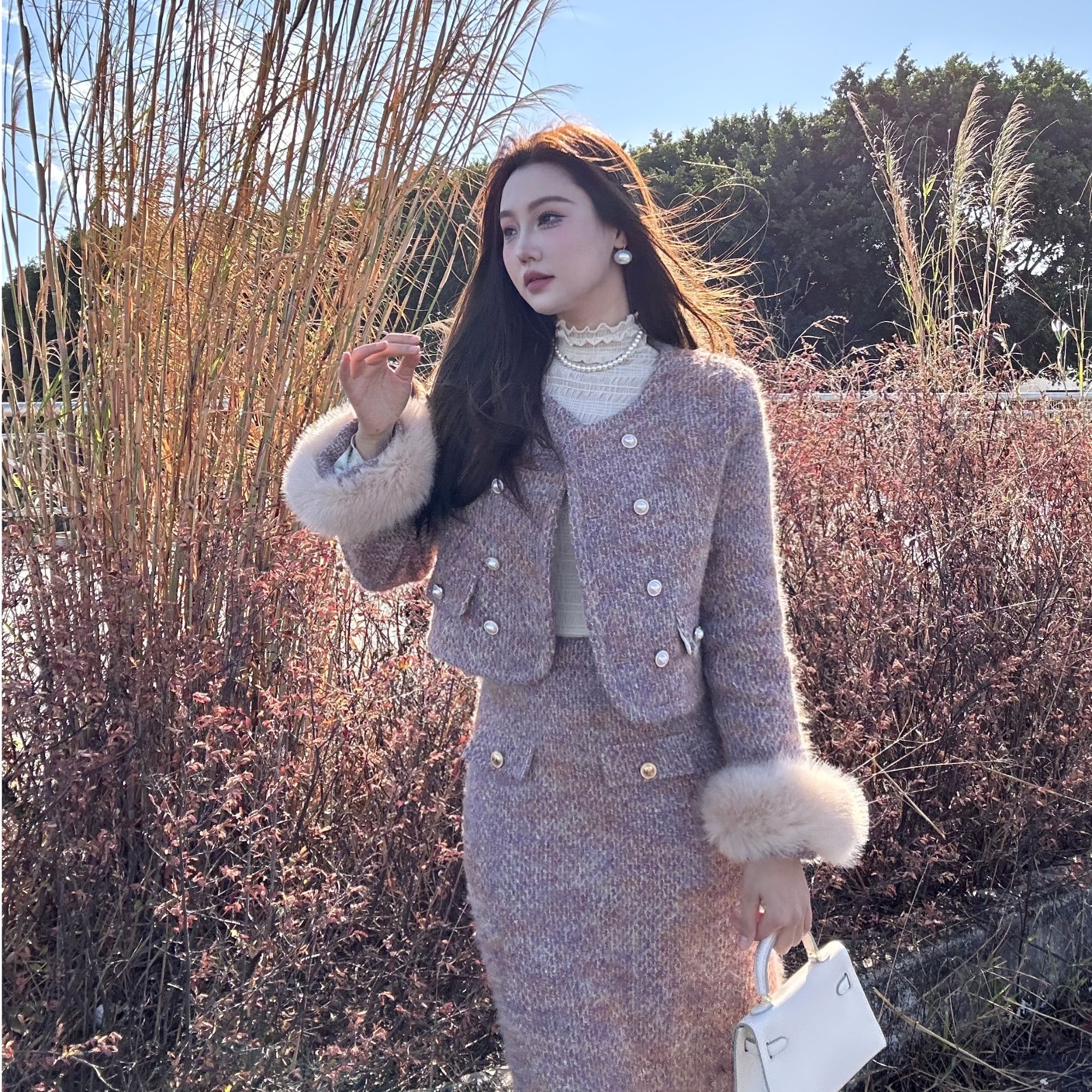 【朵拉】充绒大码小香风冬季新款富家千金套装外套半身裙两件套