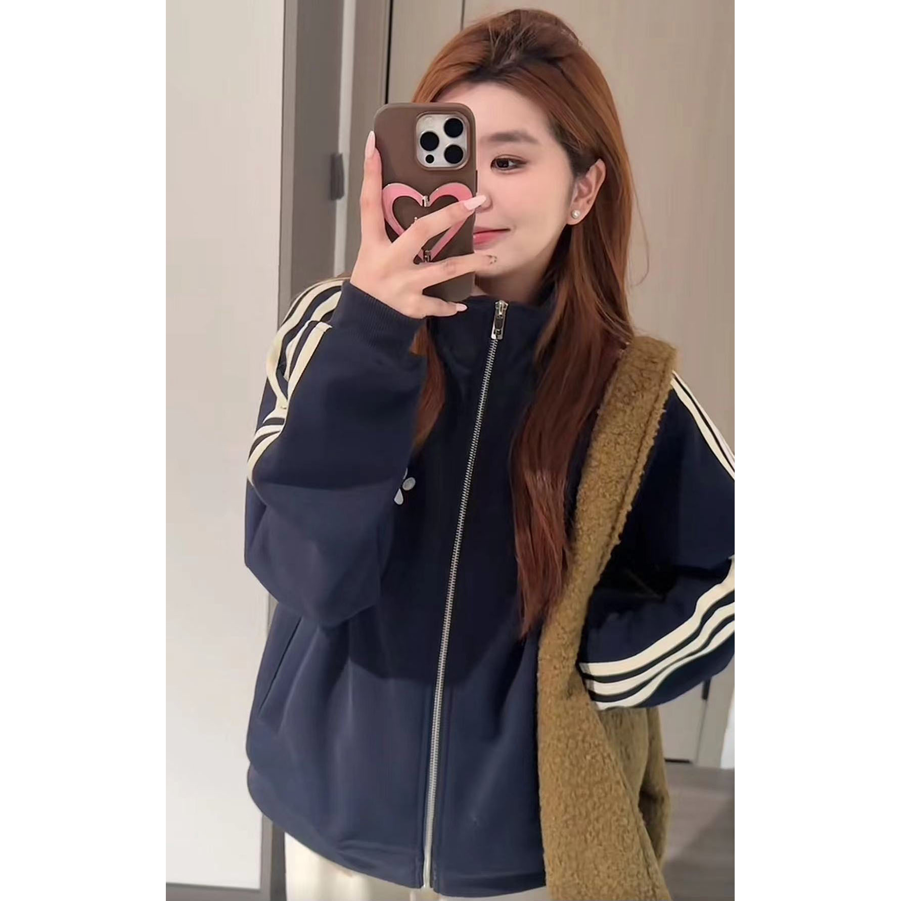 三条杠外套女加绒加厚开衫2025秋冬新款立领卫衣百搭运动上衣夹克