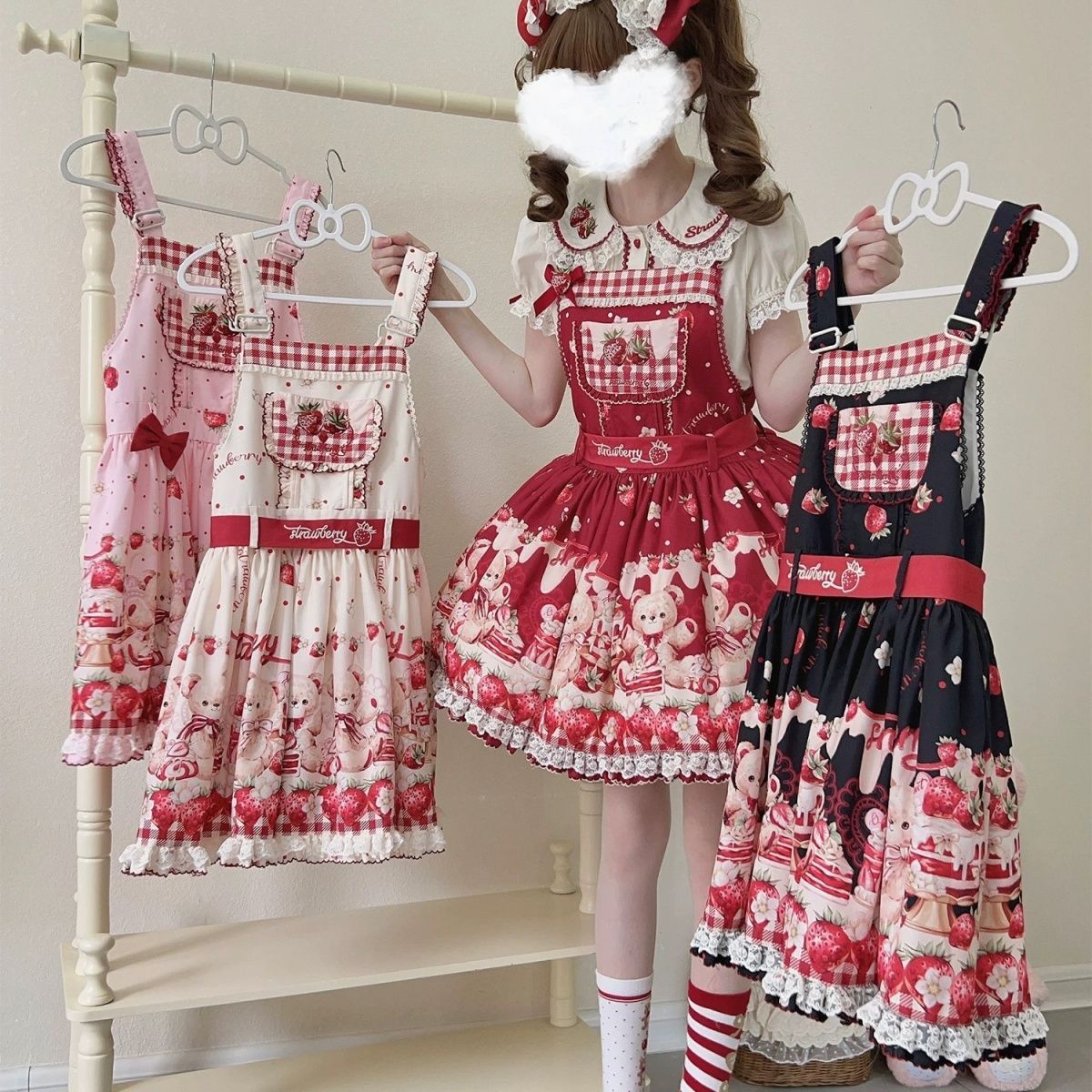 实体店现货丝绒草莓背带Lolita呲甜狗短jsk梦鲸原创草莓柄甜妹