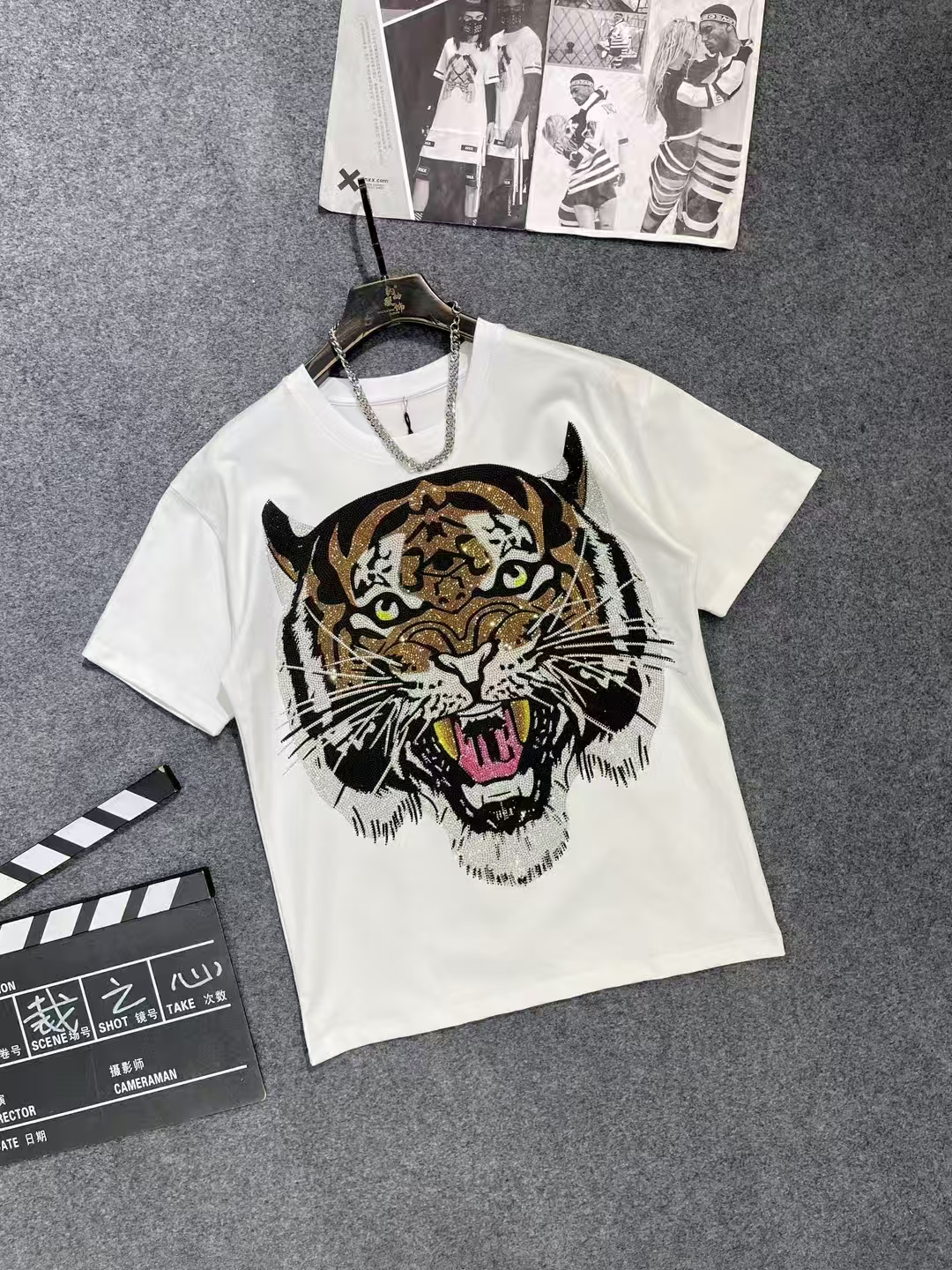 877牡丹老虎T恤潮牌重工彩钻中国风潮流圆领网红时尚情侣百搭短袖