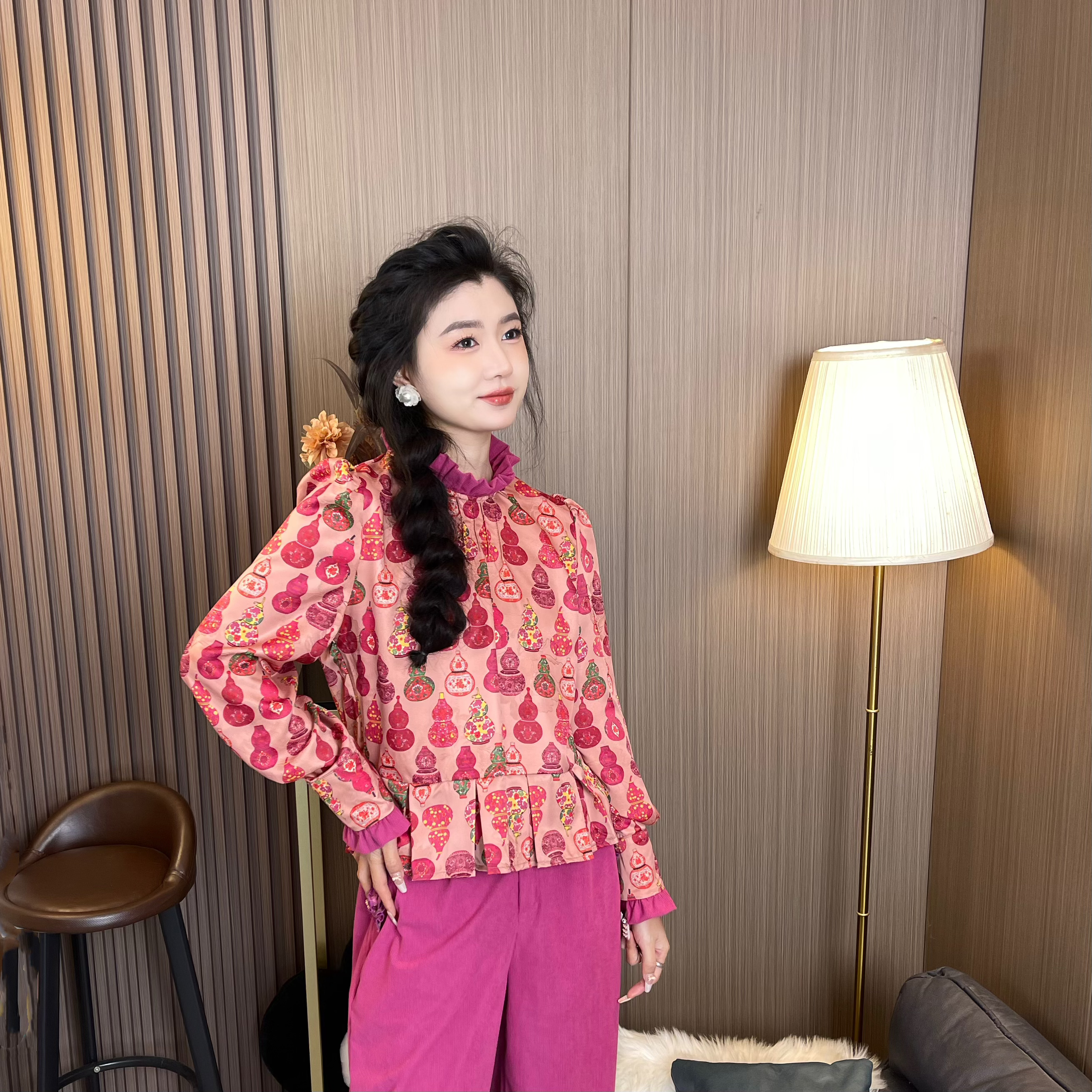 MUMU家【八宝葫芦】设计款立领甜美木耳边早春款衬衣