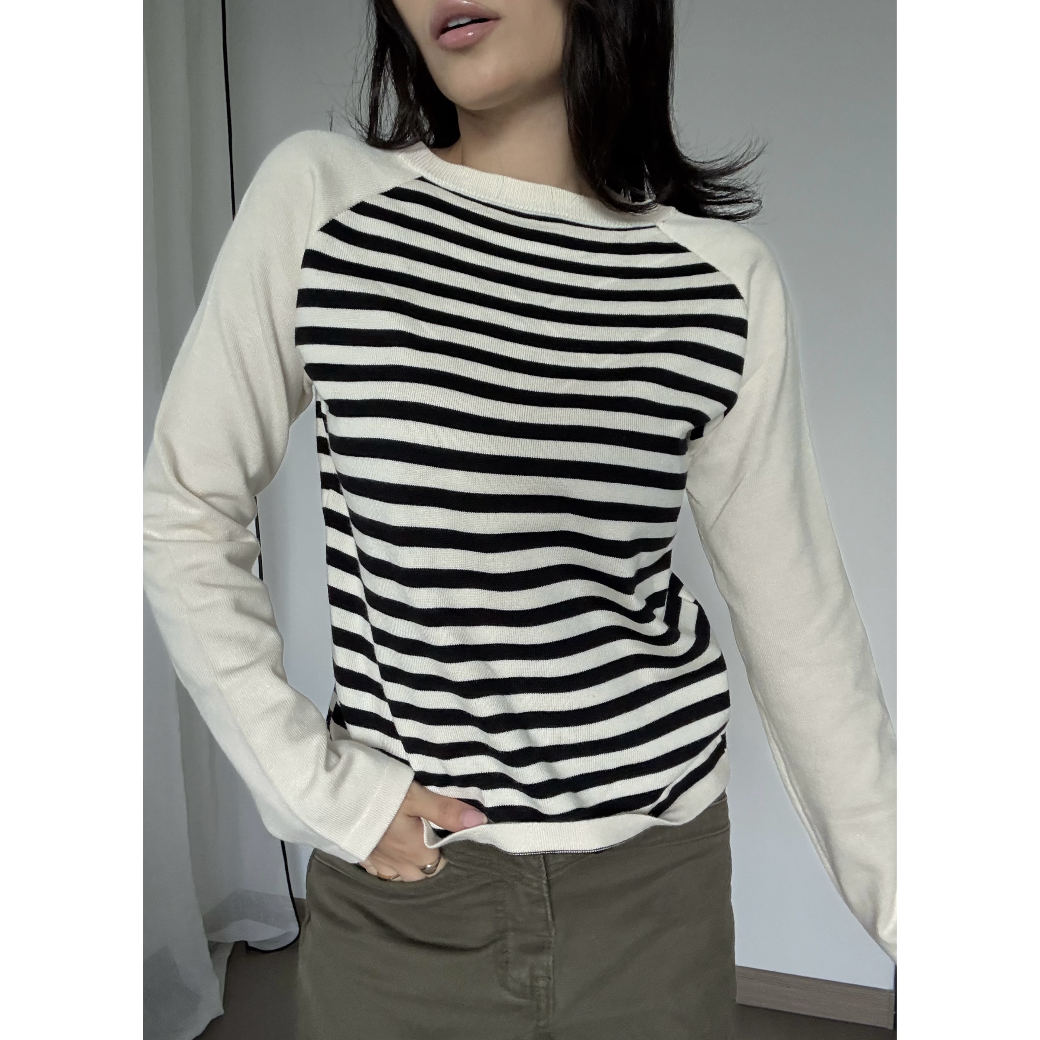 【条纹Tee】冬季设计感圆领插肩条纹针织修身长袖打底上衣