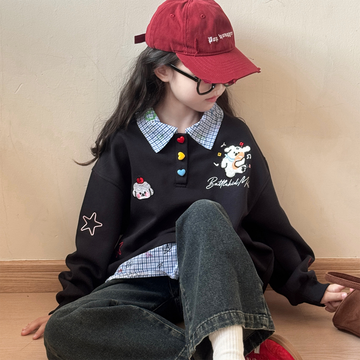 藏青休闲女童套装2026新款女孩学院风加绒卫衣儿童春装时髦牛仔裤