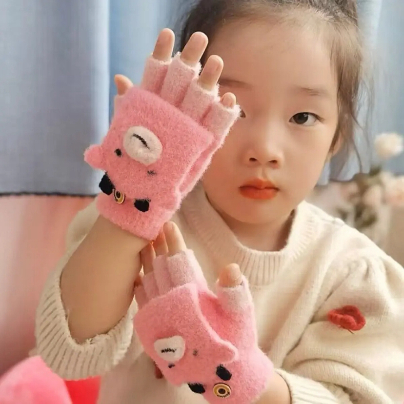 【福利】2-5岁翻盖学生幼儿园小熊半指保暖手套女冬季毛绒针织防寒