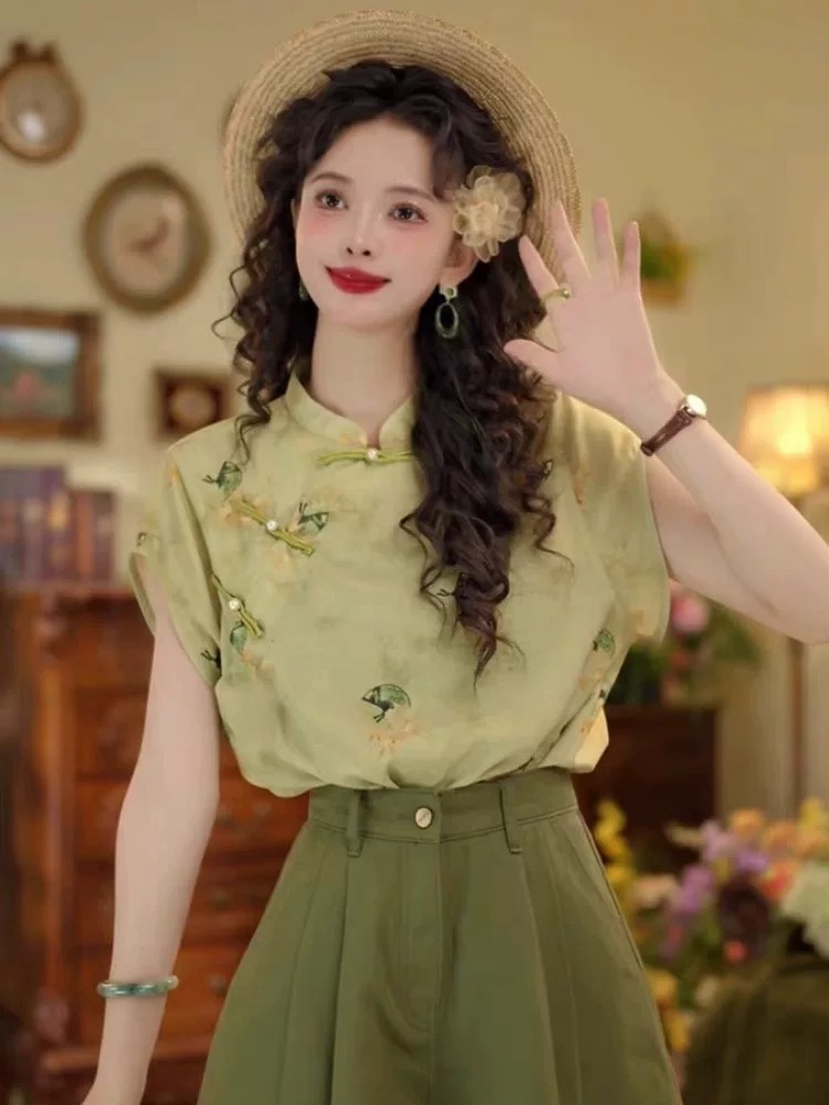 新中式复古国风短袖衬衫女