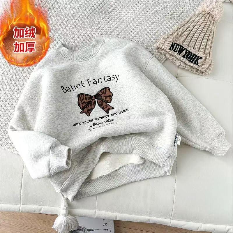 ［羔羔绒厚绒］女童2025时尚百搭潮流蝴蝶结韩版中大童长袖圆领卫衣