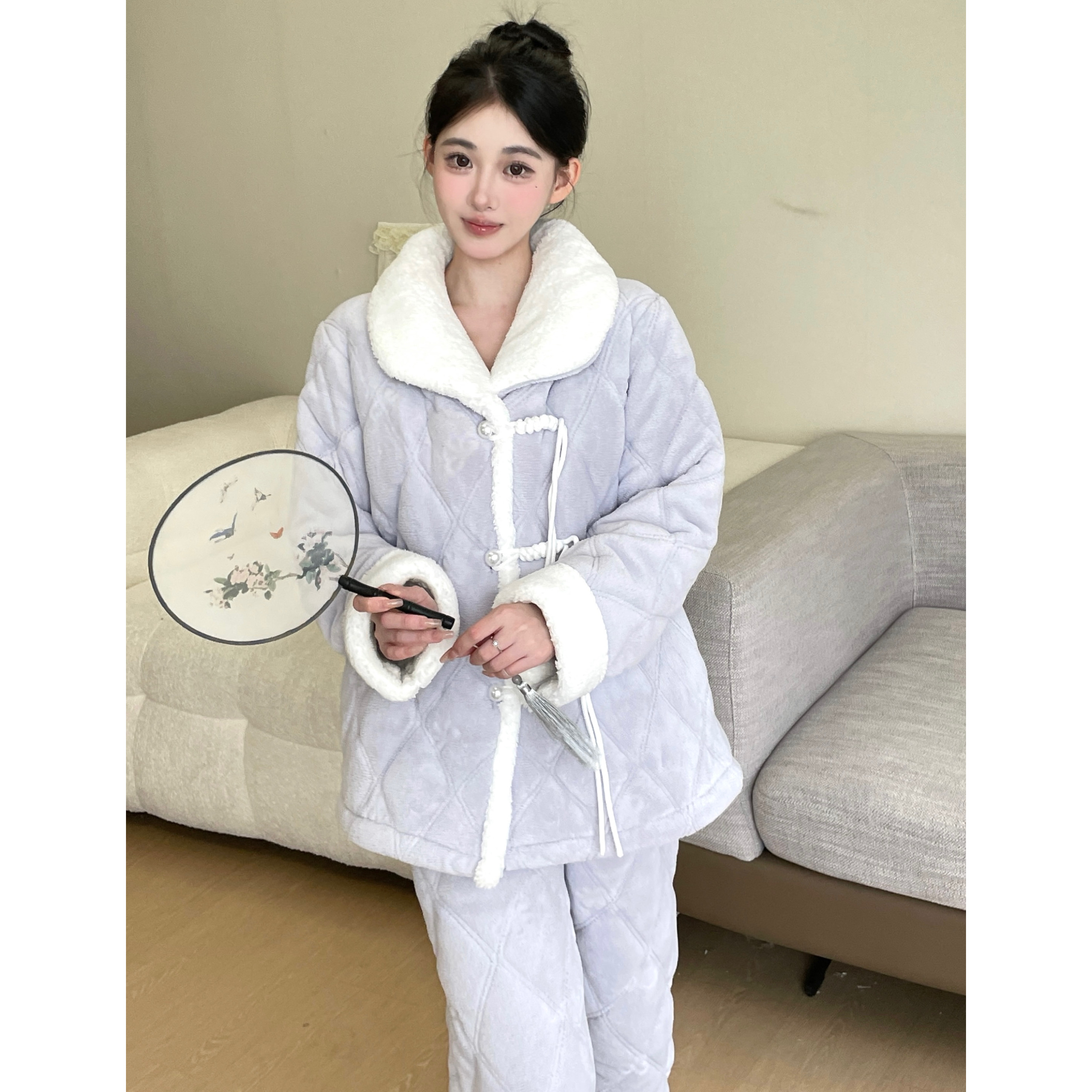 豆豆2【紫琉璃】夹棉厚绒冬款家居服显白可外穿睡衣套装女保暖