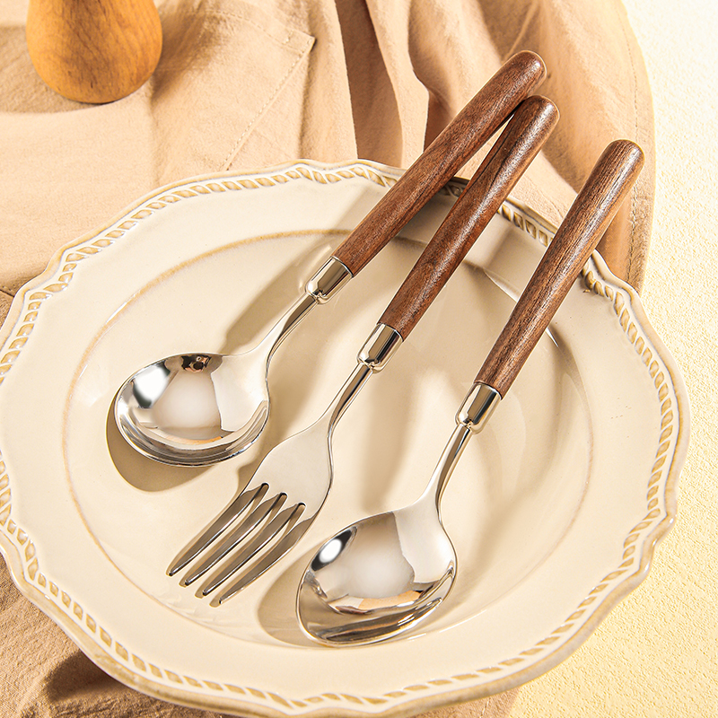 304不锈钢勺子叉子家用胡桃木刀叉勺三件套西餐餐具牛排刀叉勺