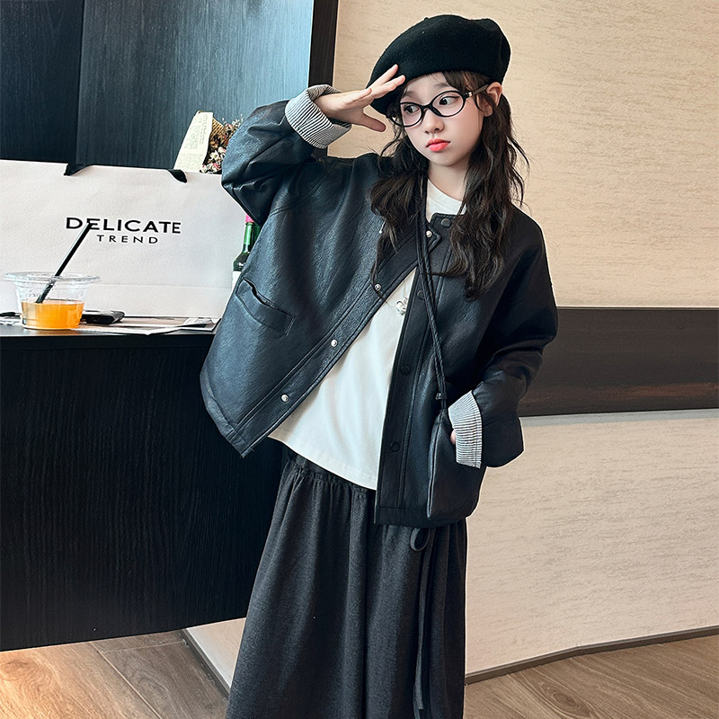 女童外套2025秋季新款女大童洋气时髦女孩韩版上衣皮衣黑色皮夹克