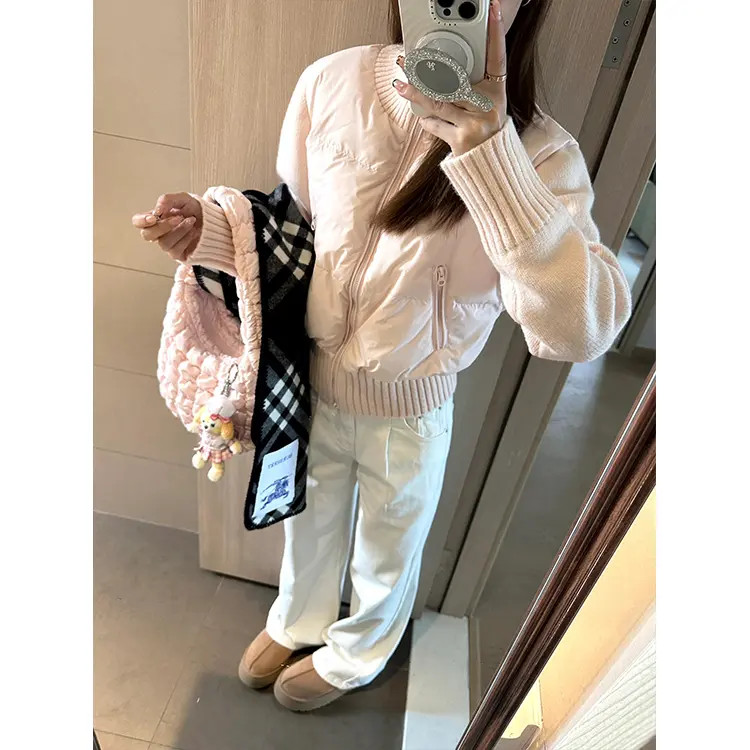 粉色针织拼接短款棉服女冬季2025新款百搭棉衣外套设计感立领上衣