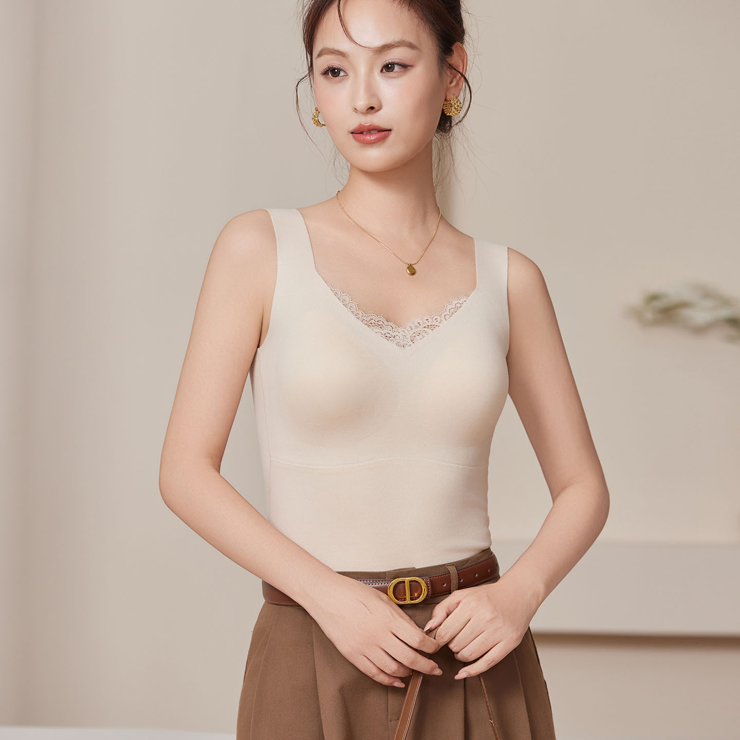 拉绒羊绒一体固定杯保暖背心 桑蚕丝免穿文胸无痕吊带