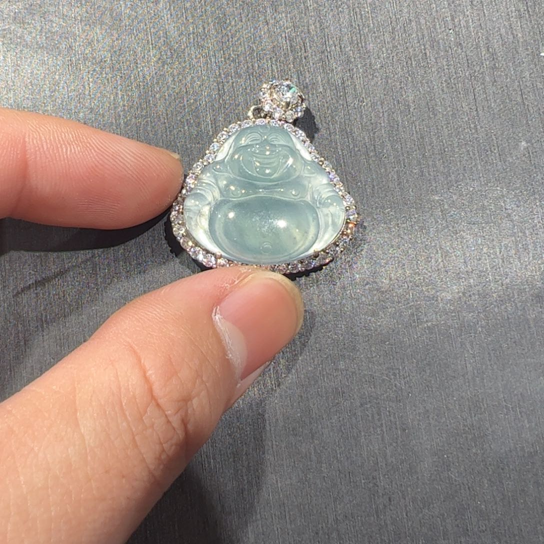 翡翠颈饰银S925镶嵌天然翡翠A货佛公