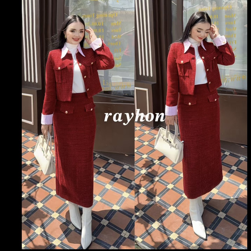Rayhon新款套装春季新款红色小香风套装裙尽显新年战袍气质