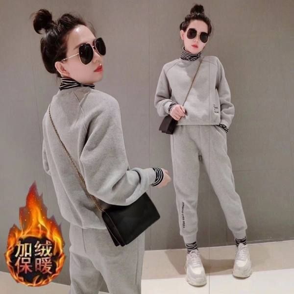 秋季休闲服春秋大码显瘦刺绣秋冬高领连帽女宽松洋气运动两件套
