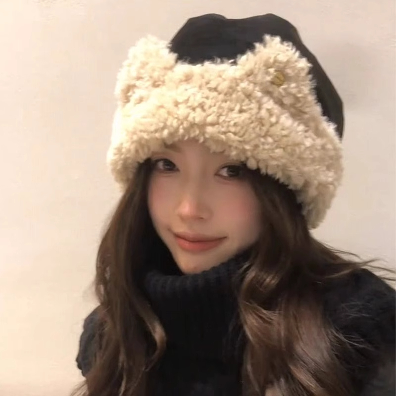 可爱猫耳朵包头帽女秋冬季显脸小加绒加厚保暖防寒毛绒帽护耳帽子